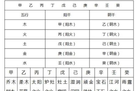 八字阴阳对照表，天干阴阳五行表